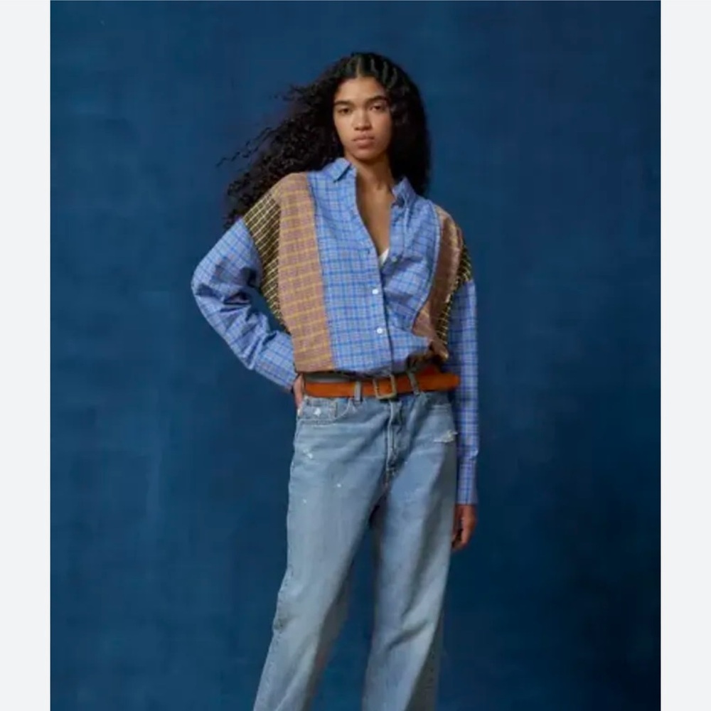 Urban Outfitters BDG Spliced Dad Button Down Shirt Mixed Plaid Pieced Top - Picture 2 of 7